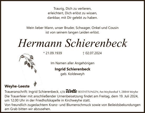 Todesanzeige von Hermann Schierenbeck von SYK