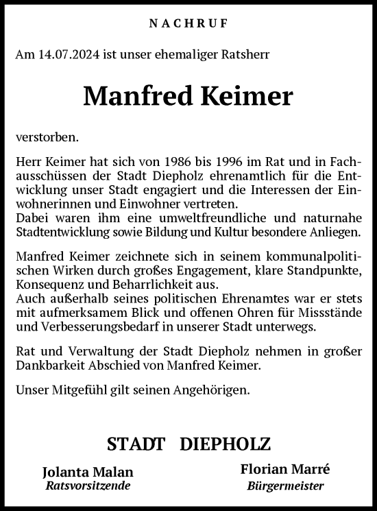 Todesanzeige von Manfred Keimer von SYK