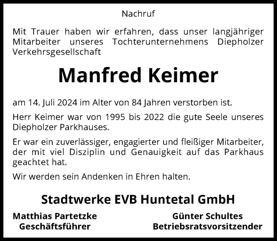 Todesanzeige von Manfred Keimer von SYK