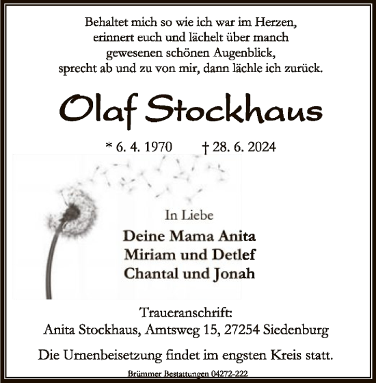 Todesanzeige von Olaf Stockhaus von SYK