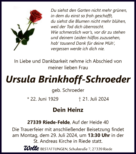 Todesanzeige von Ursula Brinkhoff-Schroeder von SYK