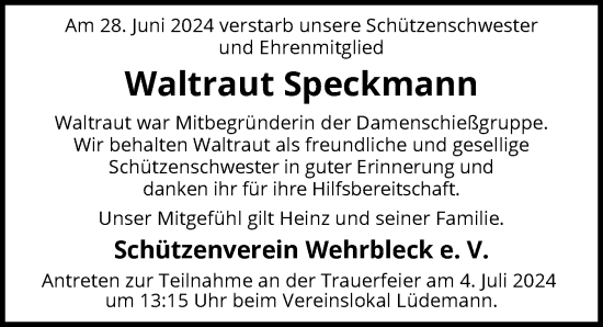 Todesanzeige von Waltraut Speckmann von SYK