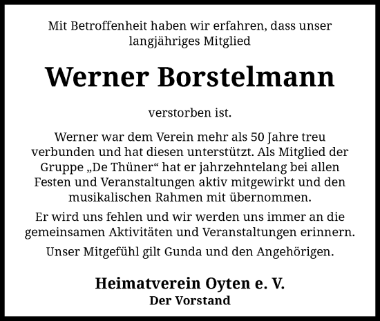 Todesanzeige von Werner Borstelmann von SYK