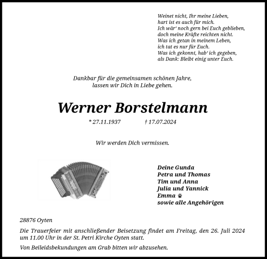 Todesanzeige von Werner Borstelmann von SYK