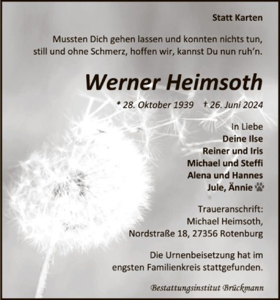 Todesanzeige von Werner Heimsoth von SYK