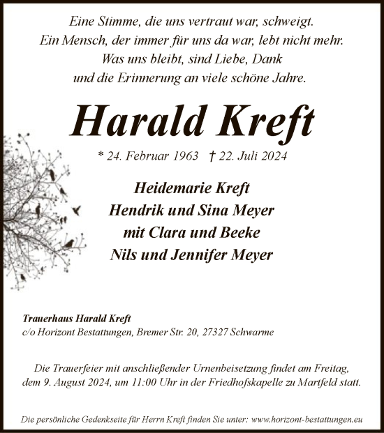 Todesanzeige von Harald Kreft von SYK