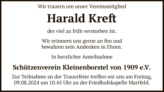 Todesanzeige von Harald Kreft von SYK