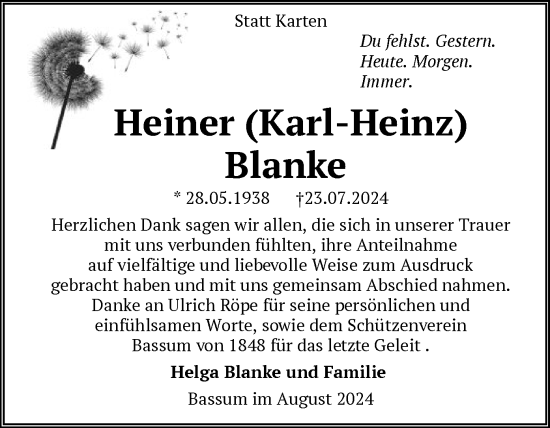 Todesanzeige von Heiner Blanke von SYK