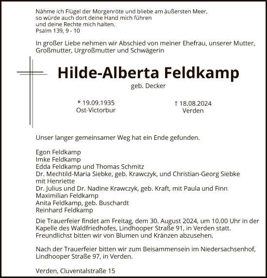 Todesanzeige von Hilde-Alberta Feldkamp von SYK