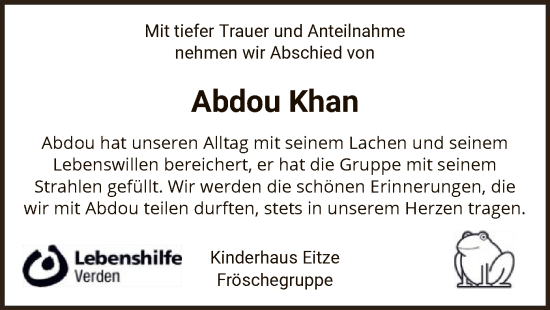 Todesanzeige von Abdou Khan von SYK