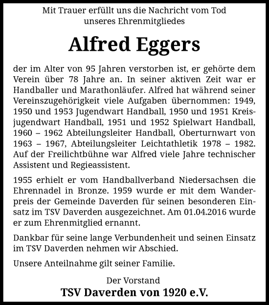 Todesanzeige von Alfred Eggers von SYK