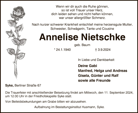 Todesanzeige von Annelise Nietschke von SYK