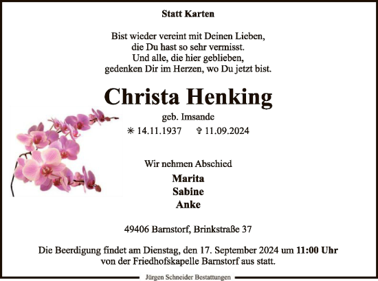 Todesanzeige von Christa Henking von SYK