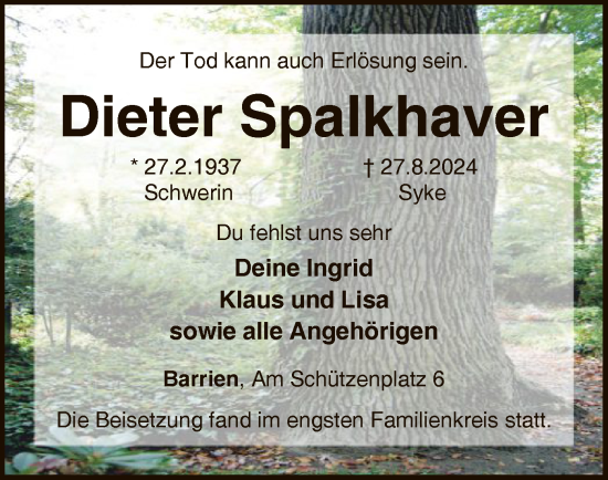 Todesanzeige von Dieter Spalkhaver von SYK