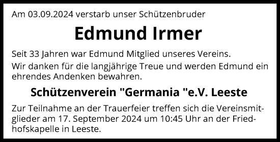 Todesanzeige von Edmund Irmer von SYK