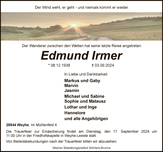 Todesanzeige von Edmund Irmer von SYK