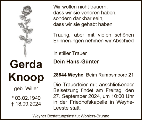 Todesanzeige von Gerda Knoop von SYK