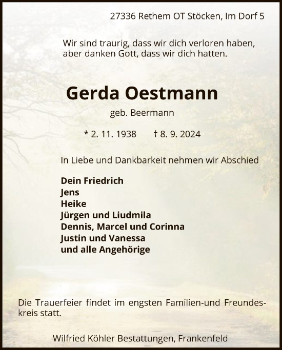 Todesanzeige von Gerda Oestmann von SYK