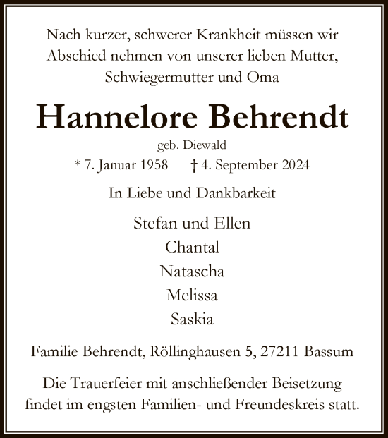 Todesanzeige von Hannelore Behrendt von SYK