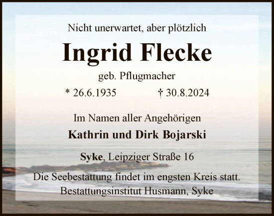 Todesanzeige von Ingrid Flecke von SYK