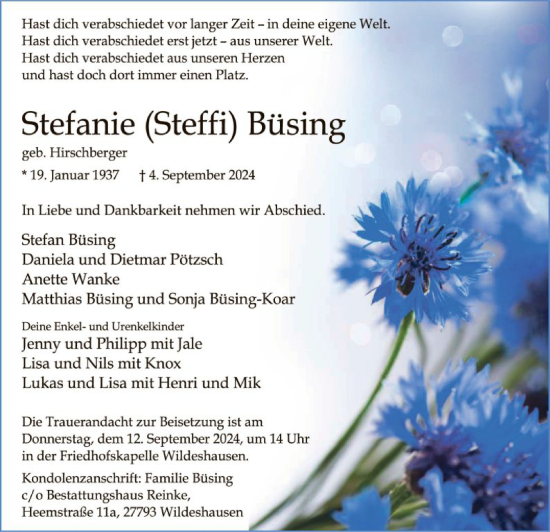 Todesanzeige von Stefanie Büsing von SYK