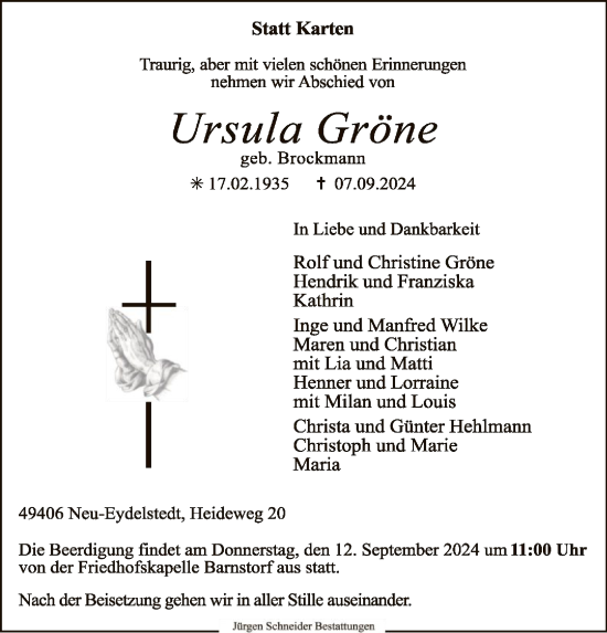 Todesanzeige von Ursula Gröne von SYK