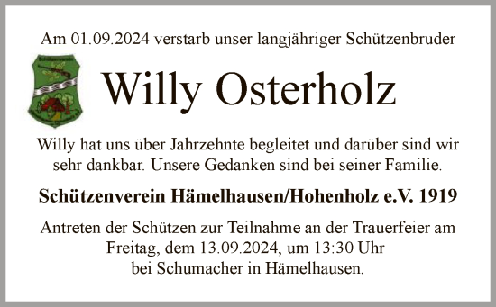 Todesanzeige von Willy Osterholz von SYK