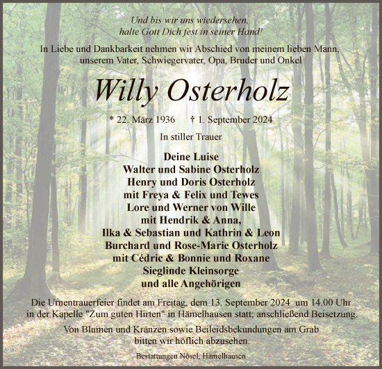 Todesanzeige von Willy Osterholz von SYK