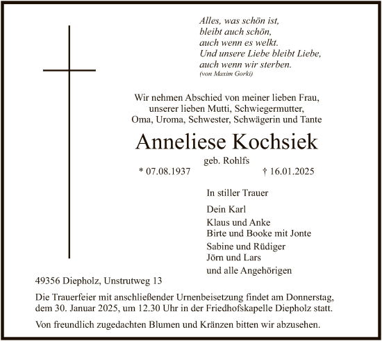 Todesanzeige von Anneliese Kochsiek von SYK