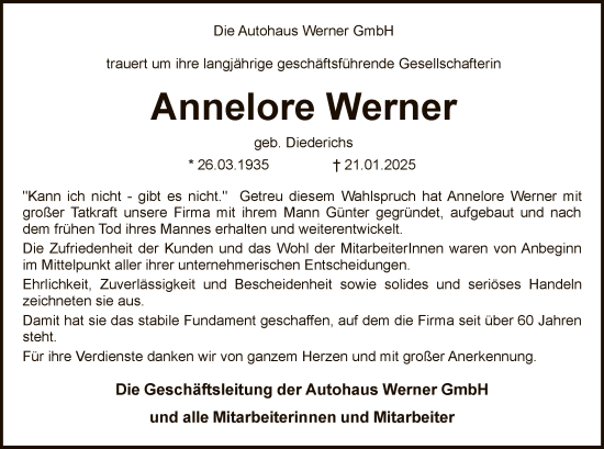 Todesanzeige von Annelore Werner von SYK