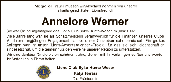 Todesanzeige von Annelore Werner von SYK