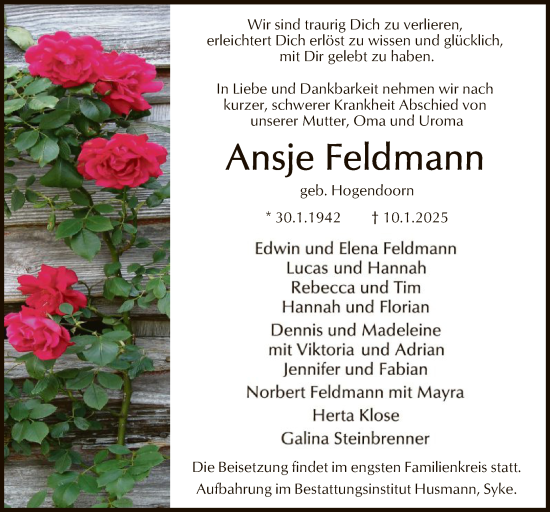 Todesanzeige von Ansje Feldmann von SYK