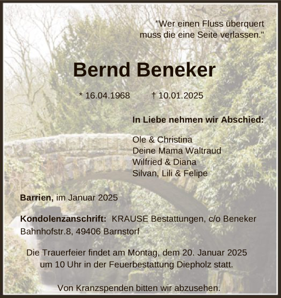 Todesanzeige von Bernd Beneker von SYK