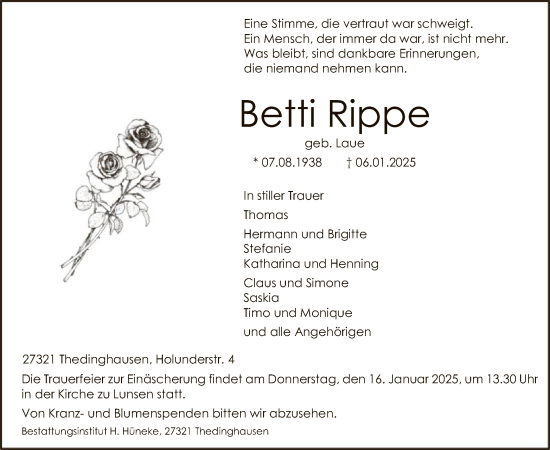 Todesanzeige von Betti Rippe von SYK