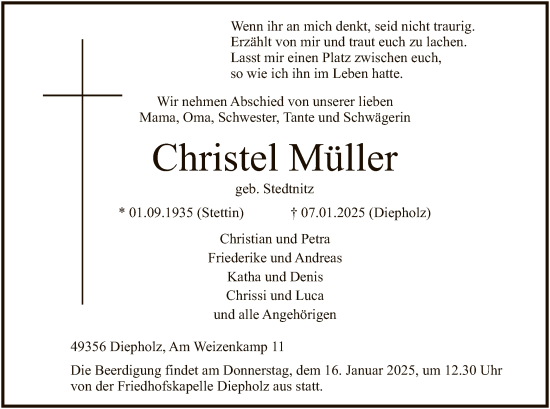 Todesanzeige von Christel Müller von SYK