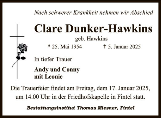 Todesanzeige von Clare Dunker-Hawkins von SYK