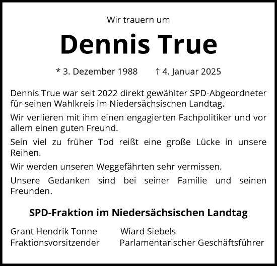 Todesanzeige von Dennis True von SYK