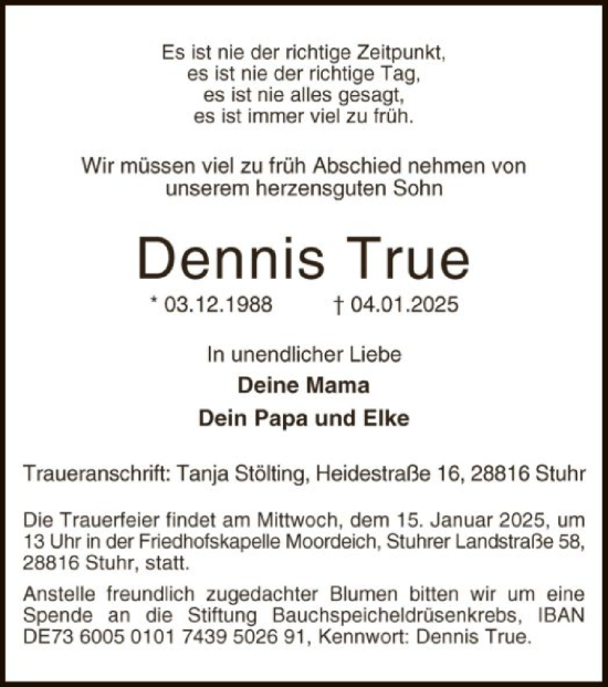 Todesanzeige von Dennis True von SYK