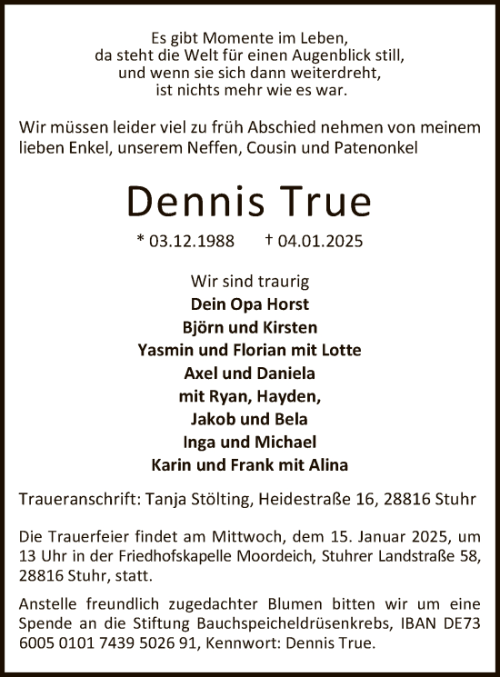 Todesanzeige von Dennis True von SYK