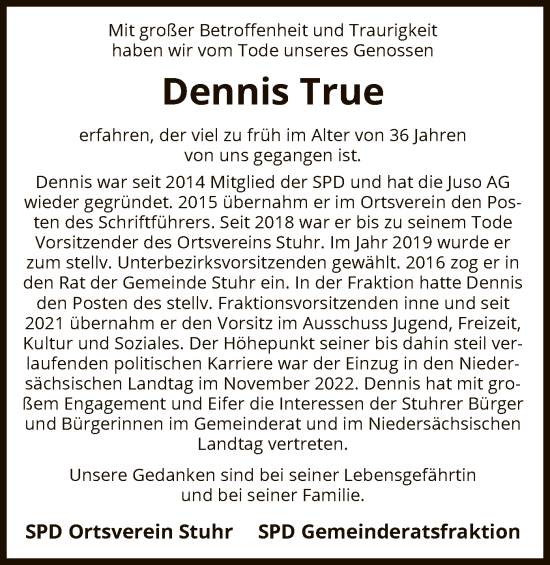 Todesanzeige von Dennis True von SYK