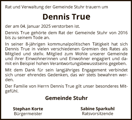 Todesanzeige von Dennis True von SYK