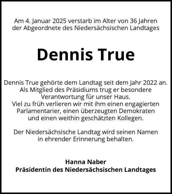 Todesanzeige von Dennis True von SYK