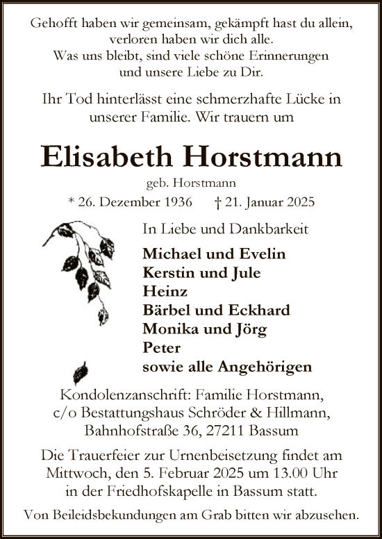 Todesanzeige von Elisabeth Horstmann von SYK