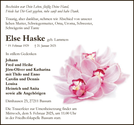 Todesanzeige von Else Haske von SYK