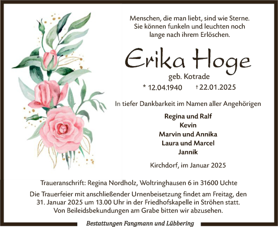 Todesanzeige von Erika Hoge von SYK