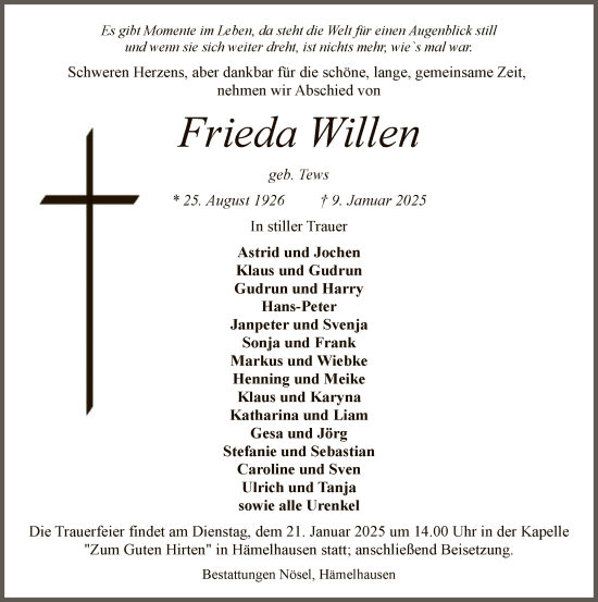 Todesanzeige von Frieda Willen von SYK