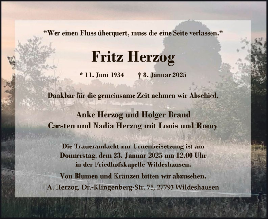 Todesanzeige von Fritz Herzog von SYK