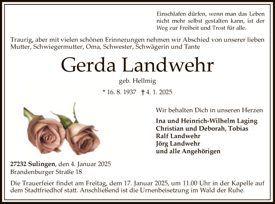 Todesanzeige von Gerda Landwehr von SYK