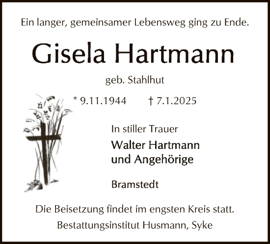 Todesanzeige von Gisela Hartmann von SYK