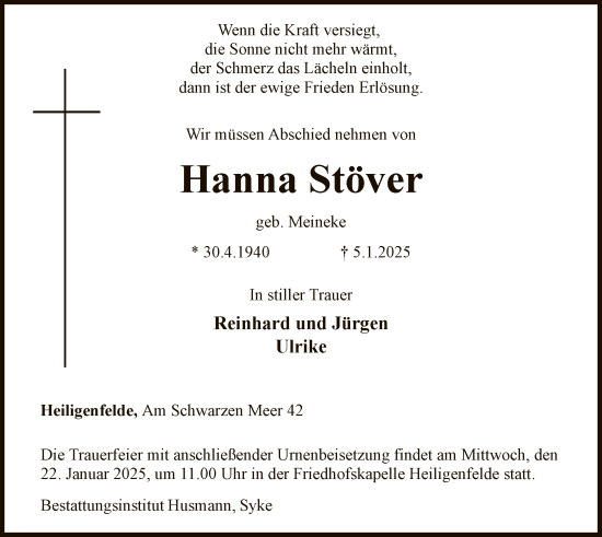 Todesanzeige von Hanna Stöver von SYK